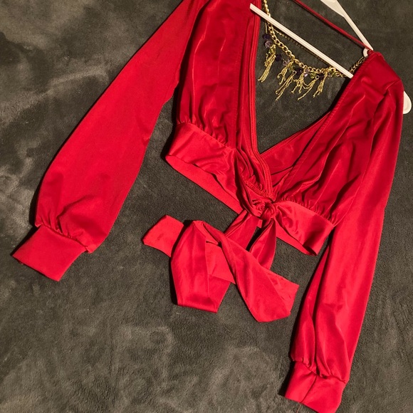 Tops - Chic Red Tie-Front Blouse with added cute necklaces.